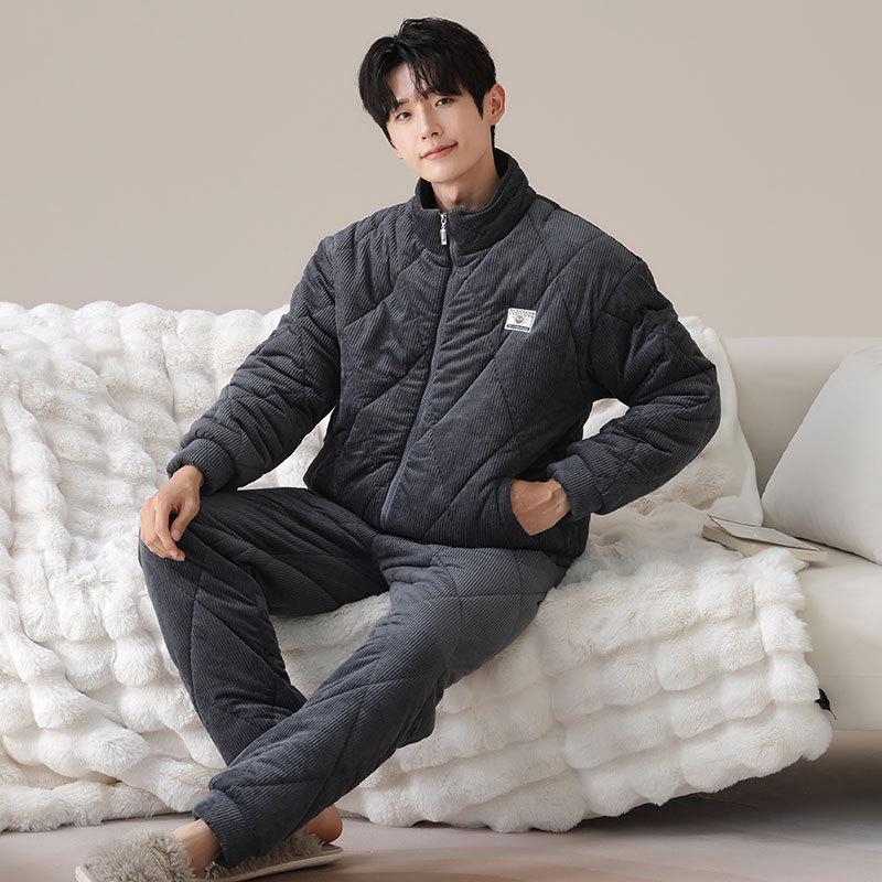 Pajamas Men'S Winter Velvet Winter Warm Three-Layer Thickened Padded Jacket Coral Fleece Loungewear Set Winter