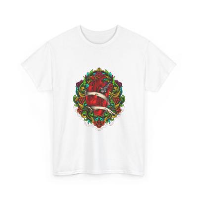 Florales Herz-Wappen T-Shirt | Rote Rose Botanisches Hemd, Baumwollqualität Shirt, Cool