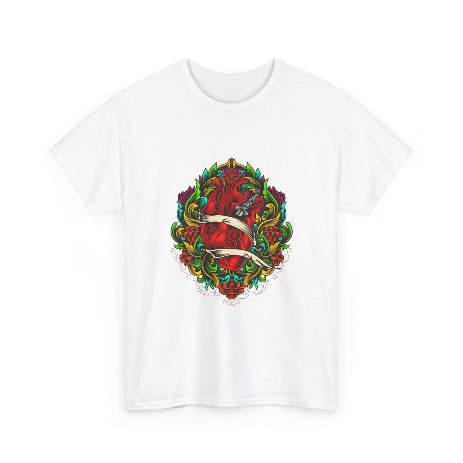 Floral Heart Crest Tee | Red Rose Botanical Shirt, Cotton Quality Shirt, Cool S