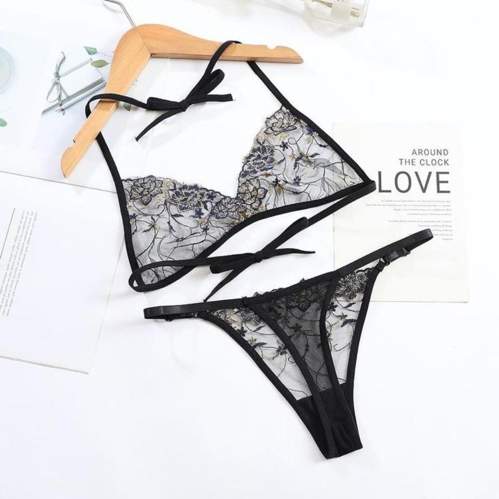 Thin Belt Thong Sheer Flower Thong Bra Set Embroidery Underwear for Women Romantic Night