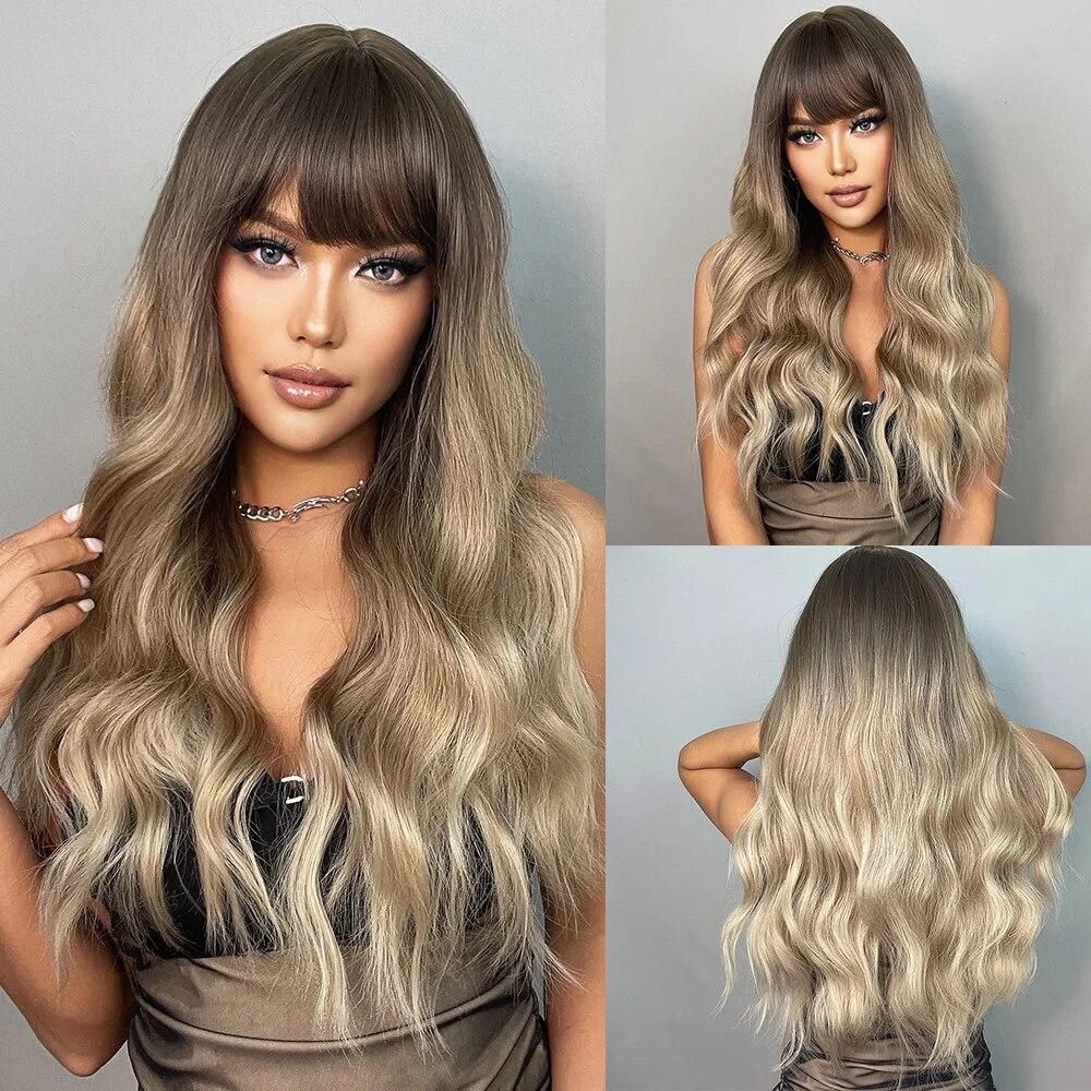 ALAN EATON Blonde lange gewellte Perücken mit rosa Highlights, Ombre-Blonde Perücke mit Pony, buntes Party-Haar für den Alltag, hitzebeständige Faser
