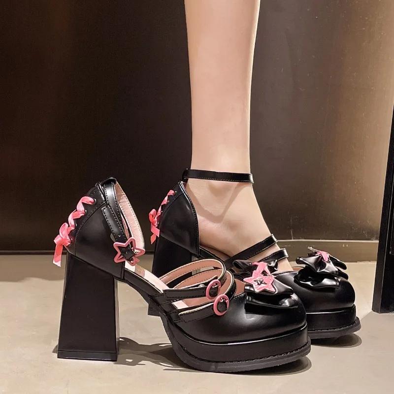 Fashion 2025 New Cross-tied Mary Janes High Heel Square Heel Personality Ladies Shoes On Sale Fashion Buckle Strap Girl Party Pumps