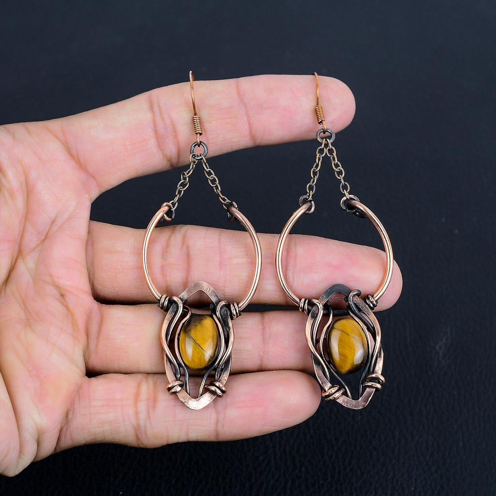 Tiger's Eye 999 Copper Wire Wrapped Earrings, Handmade Gemstone Earrings, Gift For Mom Antique Jewelry