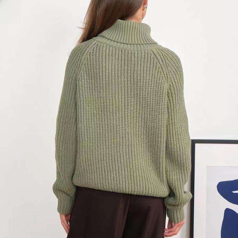 Women's Thick Knitted Turtleneck Sweater - Autumn/Winter Solid Color, Medium-Length, Casual Style.
