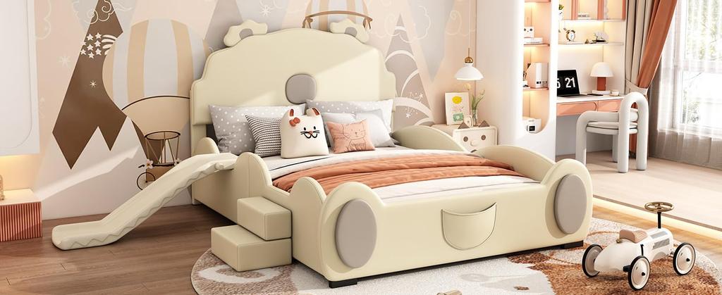 Polsterbett Kinderbett 140x200cm Cartoon Bett LED-Farbwechsellicht Rutsche Leiter Erwachsene Jugend PU-Material Ohne Matratze Beige