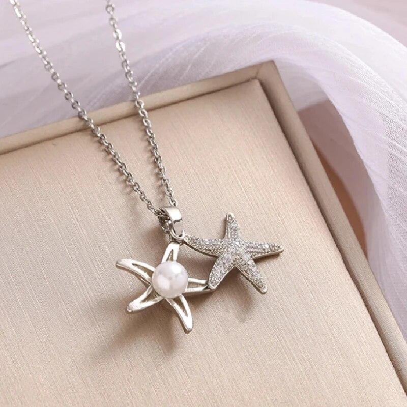 1 Pcs Luxury Cool Wind Starfish Series Gold Plated Copper Pendant With Stainless Steel Chain Combination Necklace