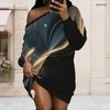 Women Plus Size One Shoulder Long Sleeve Abstract Gradient Print Black Pink Dress