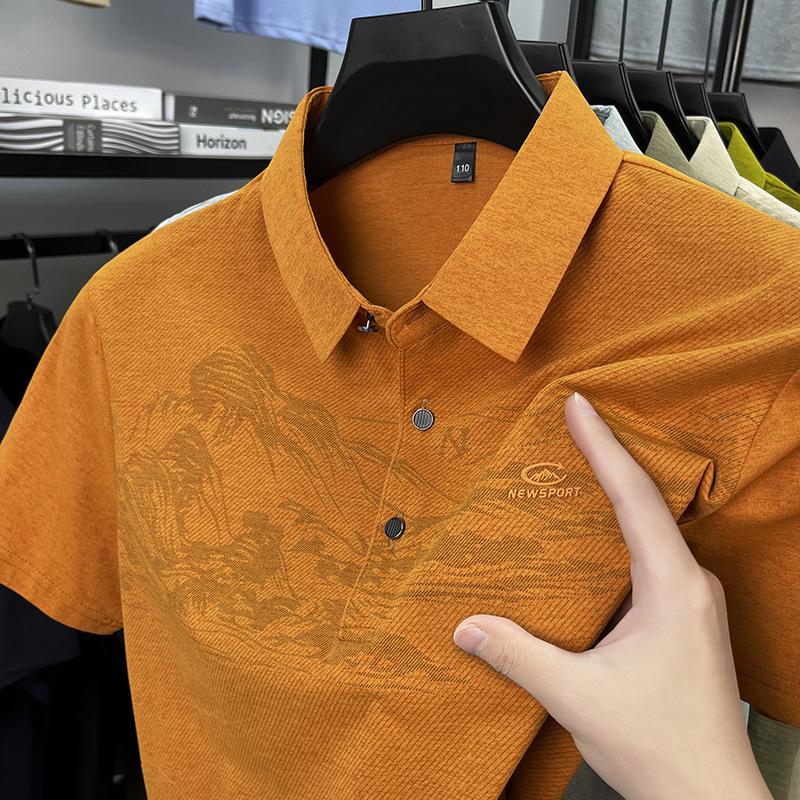 Men'S Lapel Short Sleeve T-Shirt Polo Casual Landscape Print Thin Breathable Men'S T-Shirt