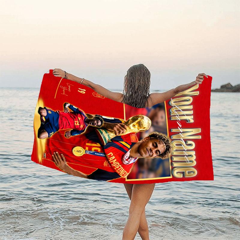 1pc Lamine Yamal Beach Towel with Custom Name, Beach and Seaside Swimming Pool Equipment, Fashion Pattern, Rectangular, Travel Essential