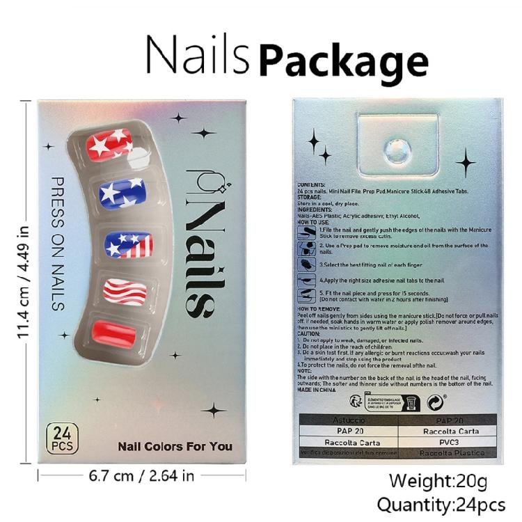 Square False Nail French Tip Press on Nail Full Cover Fake Nail Independence Day Glues on Nail Patriotic False Nail
