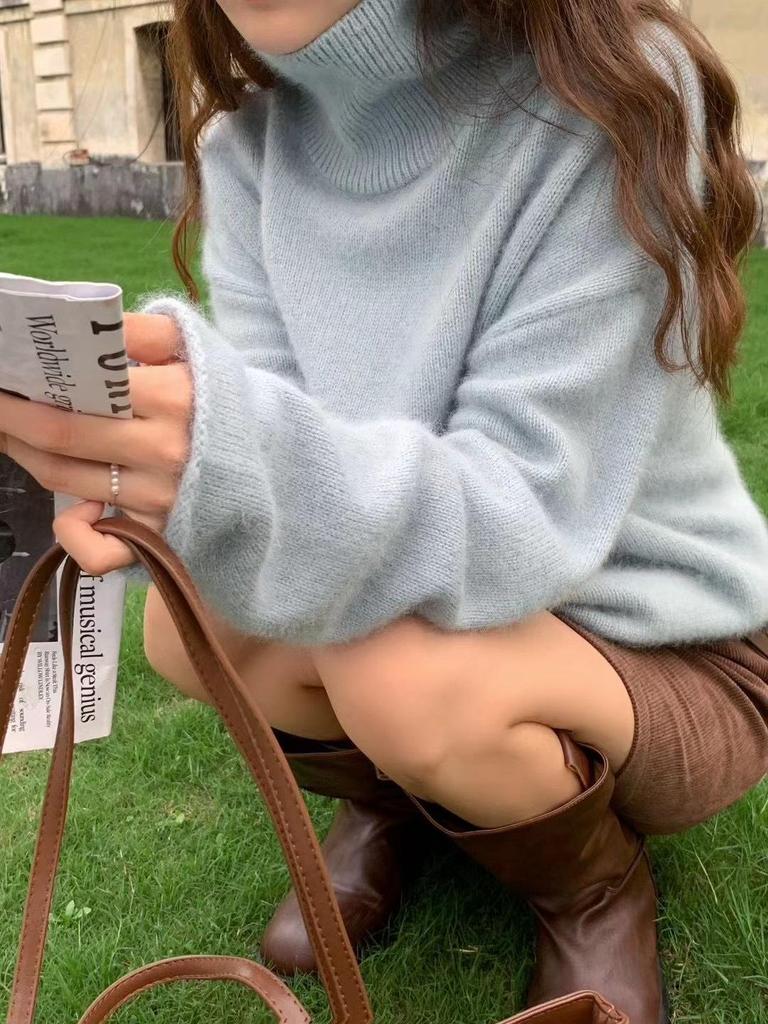 Dámský luxusní svetr z čisté vlny s vysokým límcem v evropském stylu: Podzim/Zima Měkký, Zesílený, S rolovaným okrajem, Volný střih.