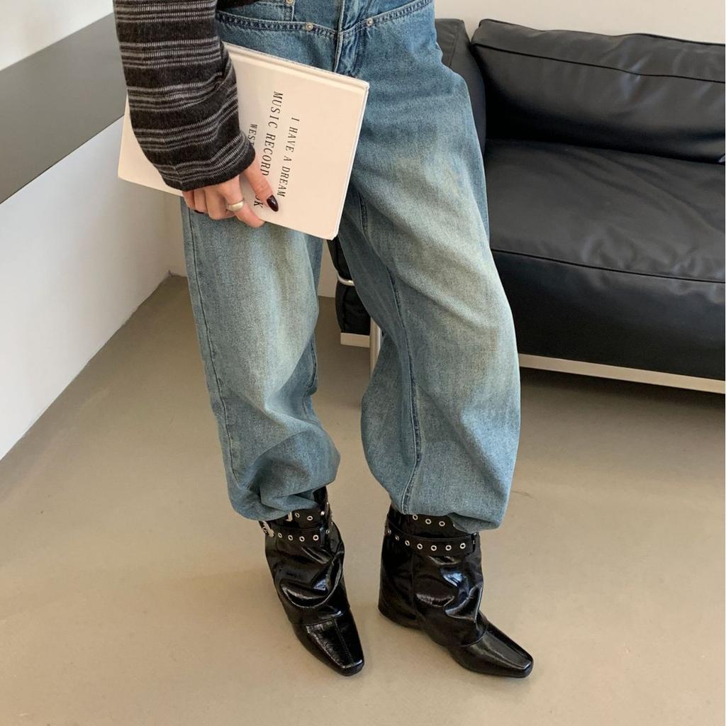 New square head belt buckle inner slope heel low tube thin versatile Martin fashion women's short boots