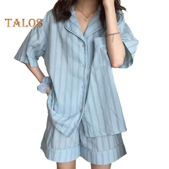 

Женский пижамный комплект из 2 шт./компл., контрастный цветной полосатый принт с лацканами, с коротким рукавом, эластичная талия, свободная широкая домашняя одежда, одежда для сна, блузка, шорты, комплект L синий