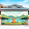 2D Orange Cat Watching Mountain Lake Tapestry Cartoon Nature Wall Hanging