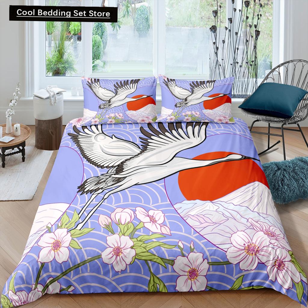 Japanischer Kranich-Bettbezug, King- und Queen-Size-Bettwäscheset mit Wellenblume im Ukiyo-e-Stil, östliche Kultur, 2/3-teilig, Polyester-Bettbezug