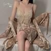 Women's Velvet Butterfly Mesh Padded Cami Sleep Dress with Robe Lounge Set