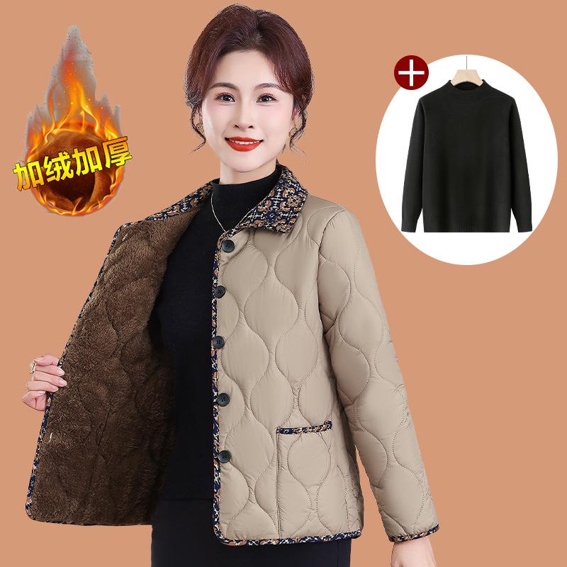Chic Autumn/Winter Cotton Jacket with Fleece for Middle-Aged and Elderly Women, Warm Short Coat
