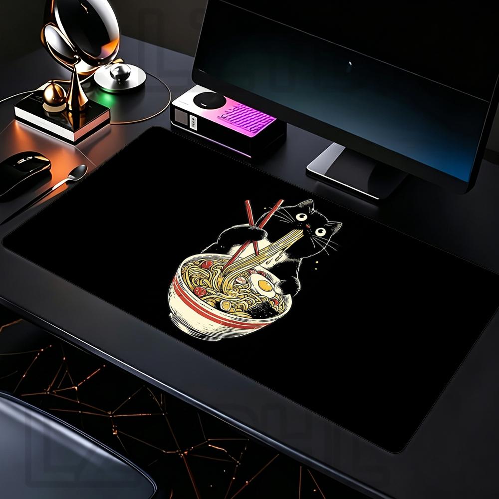 Black Cat Eat Ramen Mouse Pad Large Gaming Rubber Base Anti-slip Desk Accessories Mousepad Office Gamer Keyboard Decor Table Mat