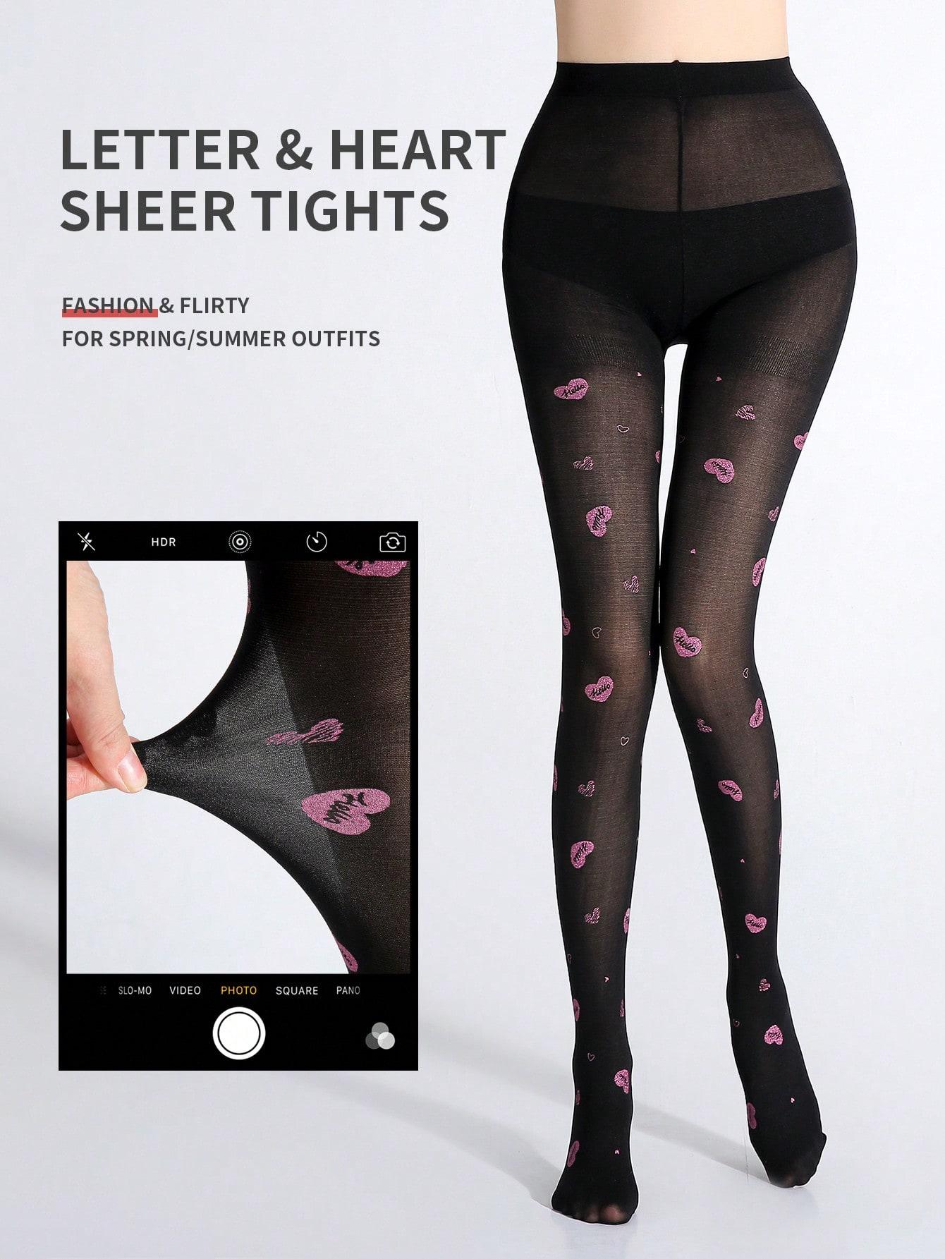 

1 Pair Women Black Pink Heart Letter Print Thin Silky Stretchy Flirty Sexy Tights Spring S