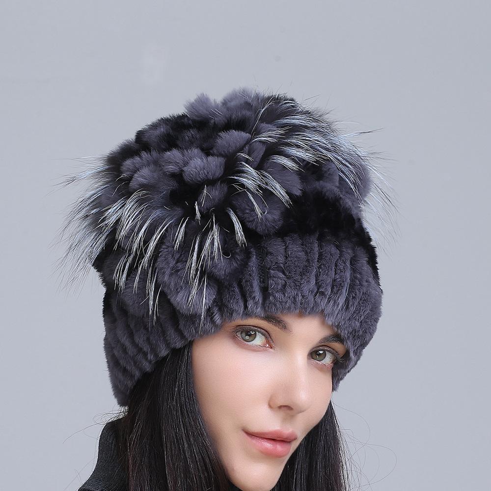Winter Women's Warm Fashion Thick Wool Hat Rex Rabbit Fur Hat Knitted with Side Flower Hat