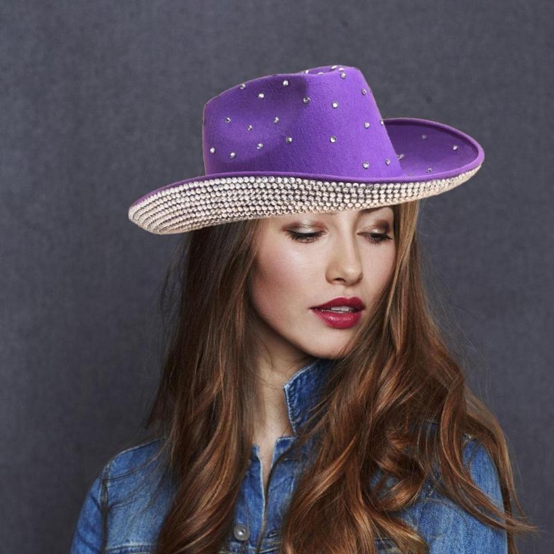 Vacation Cowboy Hat Panama Hat Crystal Brim Hat Rhinestones Hand Beading Crystal for Carnivals Music Festival