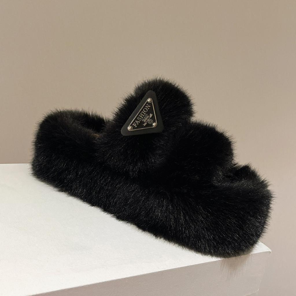 Thick bottom heightening fluffy slippers women wear autumn and winter Internet celebrities light luxury versatile cotton drag home explosion slipp