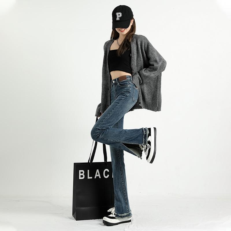 Split-ended rough-edged jeans women's spring new high-waisted elastic slim-fitting and thin retro floor-mopping flared pants