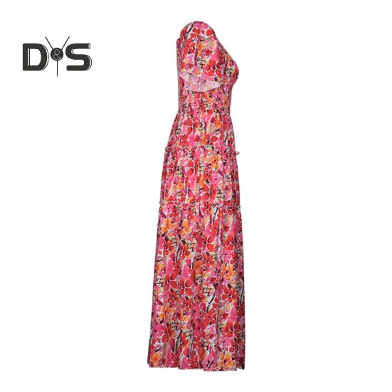 Dámské plážové šaty mimo ramena Barevný potisk květin A-line Patchwork s volným lemem lemování bez zad Krátké rukávy letní prázdninový styl midi šaty