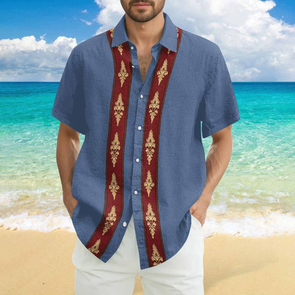 Men's Fashionable Casual Loose Striped Printed Beach Short-sleeved Shirt