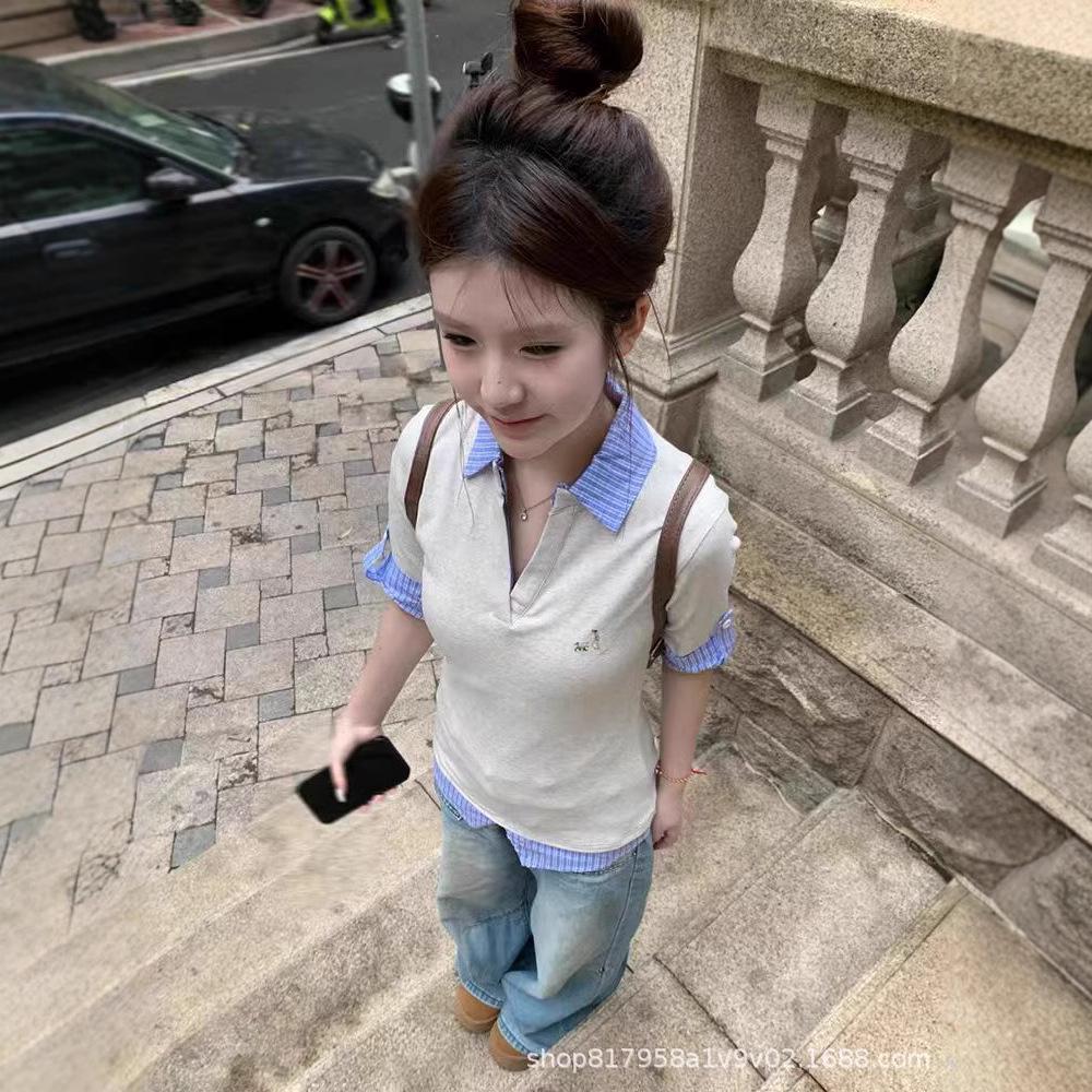 

Женская летняя рубашка поло в студенческом стиле, приталенная, в клетку, пэчворк, с вышивкой Large светло-серый