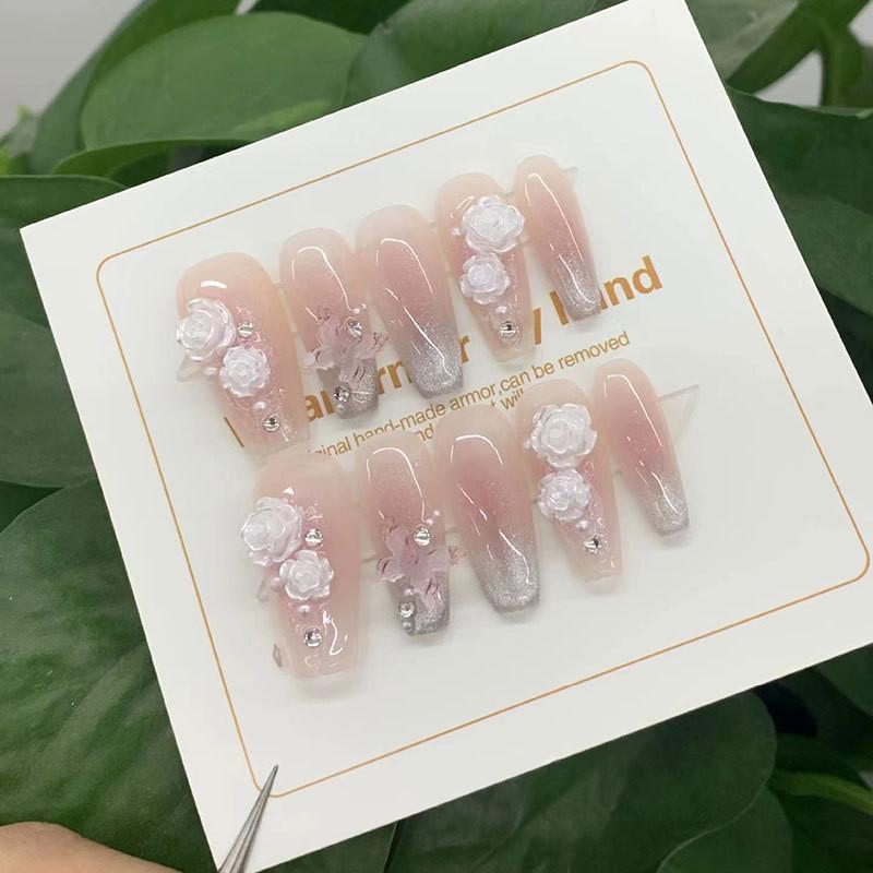Pink Nail Handworn Camellia Blush Cat Eye Gradient Butterfly Detachable Style