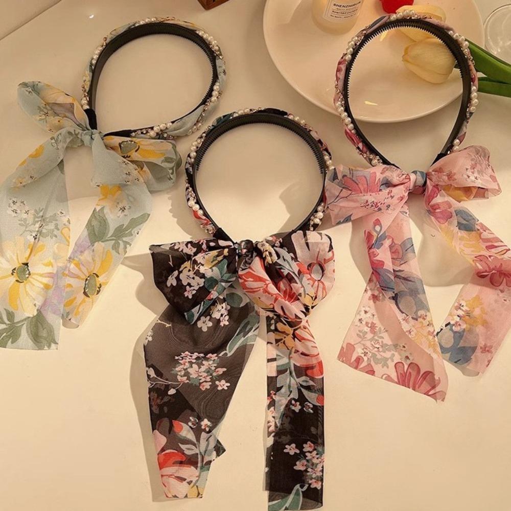 Adjustable Bow Ribbon Hairband Floral Print Hair Hoop Fashion Hair Bands  Boho Hair Accessory