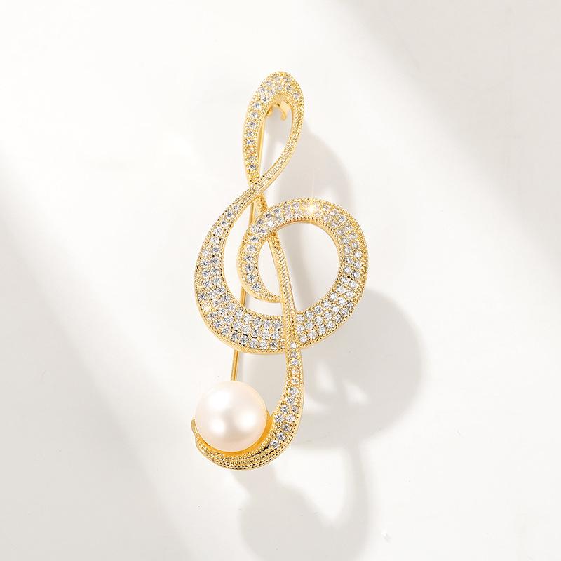 Korean Style Zirconia Music Note  Natural Pearl Brooch Pin