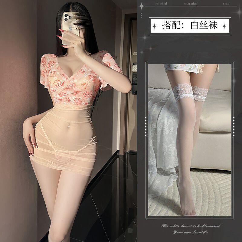 Sex underwear pure desire wind nightdress backless hip skirt floral sexy temptation deep V clothing
