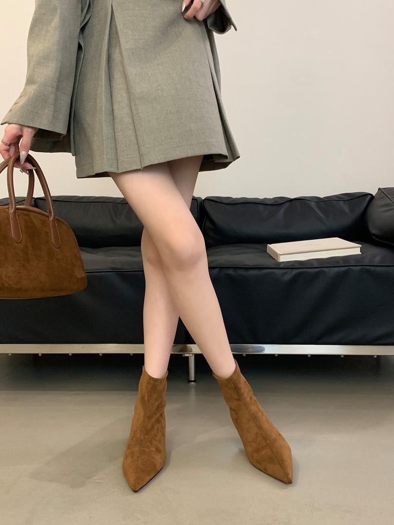 Suede simple pointed short boots women's 2025 autumn and winter new rear zipper women's boots Korean version thin boots fashion boots women