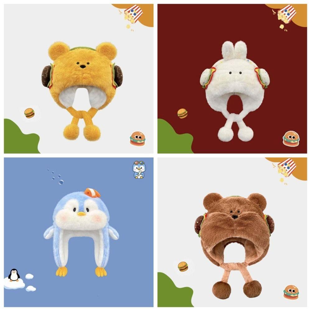 Penguin Winter Plush Hat Cartoon Hamburger Ear Protection Cap Skiing Bear Lei Feng Hat  Daily
