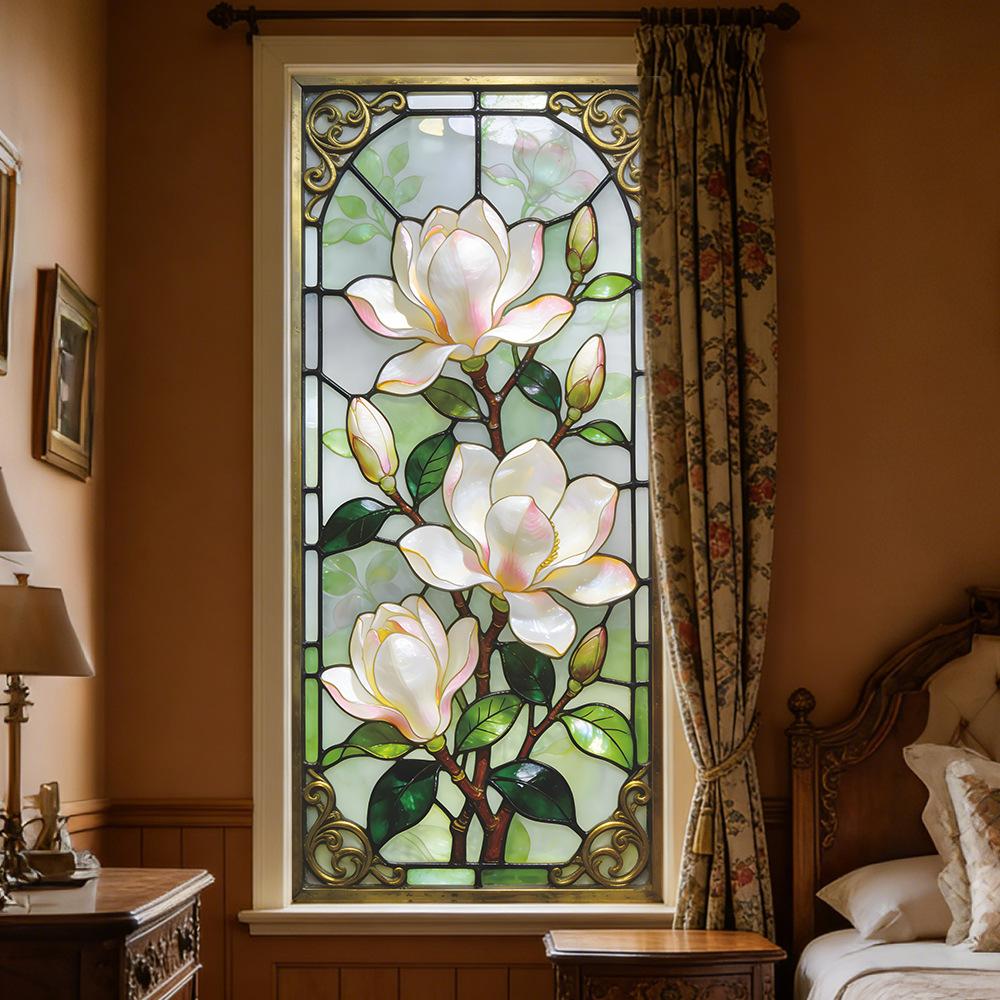Painted Vintage White Magnolia Flower Outdoor Balcony Glass Display Window Sticker