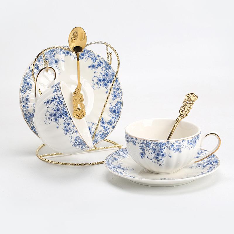 English-style Afternoon Tea Set, Flower Teapot, Heated Glass Teacup, Blue and White Porcelain Coffee Cup and Saucer