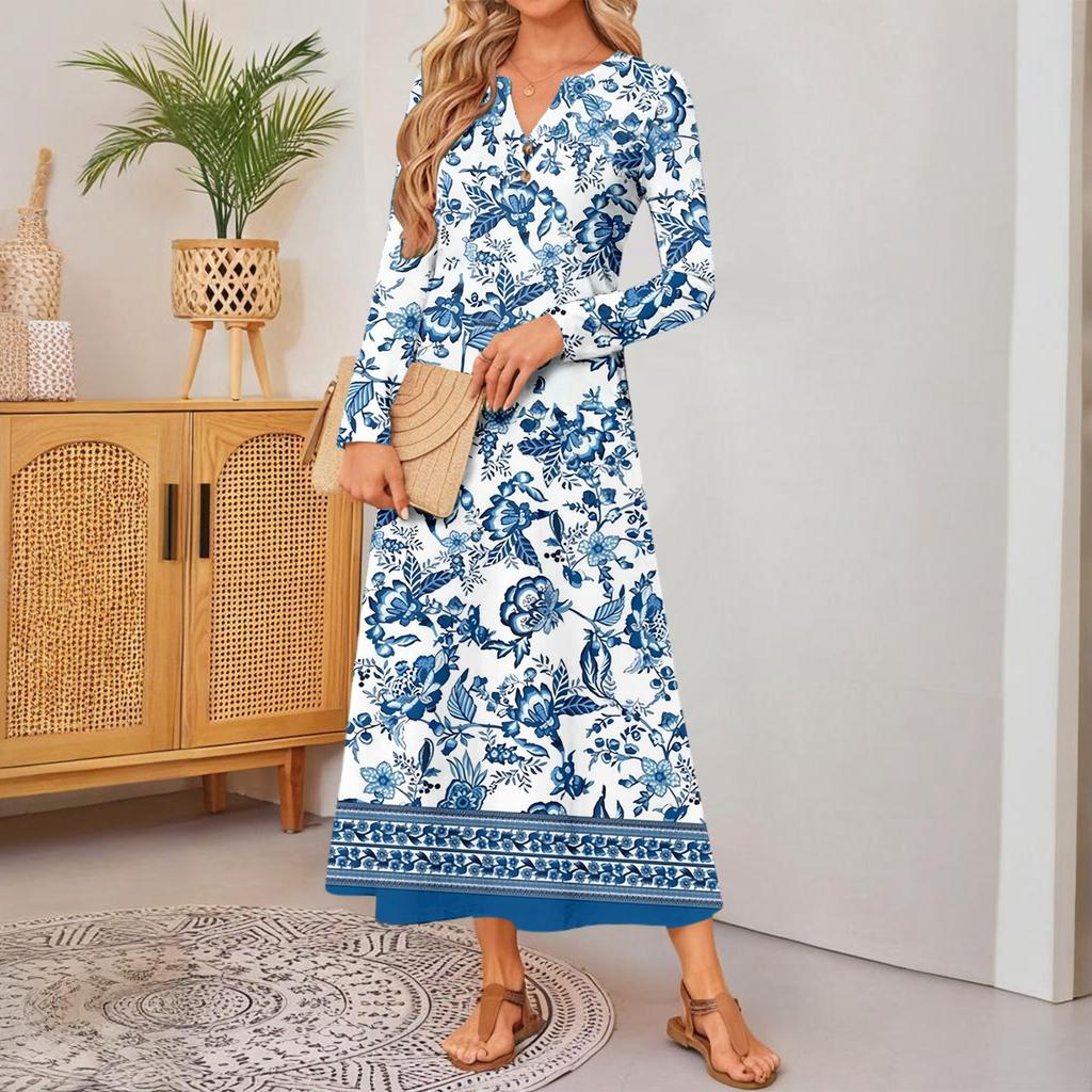 Women's Plaid Print Long-sleeved Comfortable Loose Dress Elegant Dress