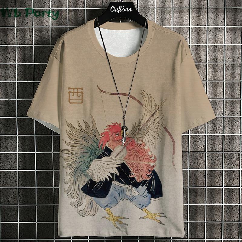 Japanisches Ukiyo-E T-Shirt Herren Tierdruck Grafik T-Shirts Vintage Herrenbekleidung Rundhals Kurzarm Tee Harajuku T-Shirt