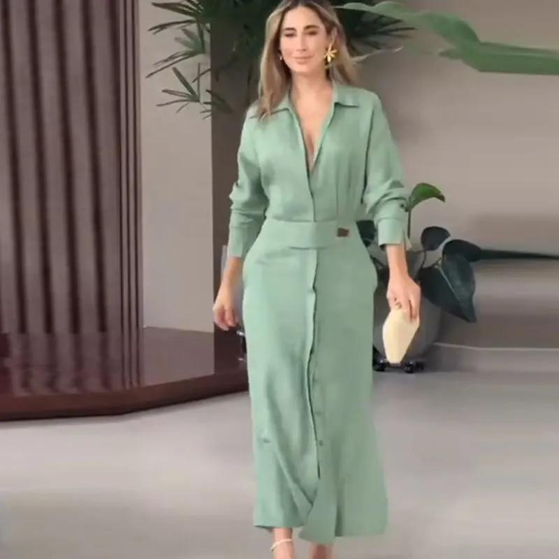 Elegantní modré šaty Midi 2023 Jaro Léto Dlouhý rukáv Jednořadé Dámské šaty Dojíždění Ležérní Dámský župan