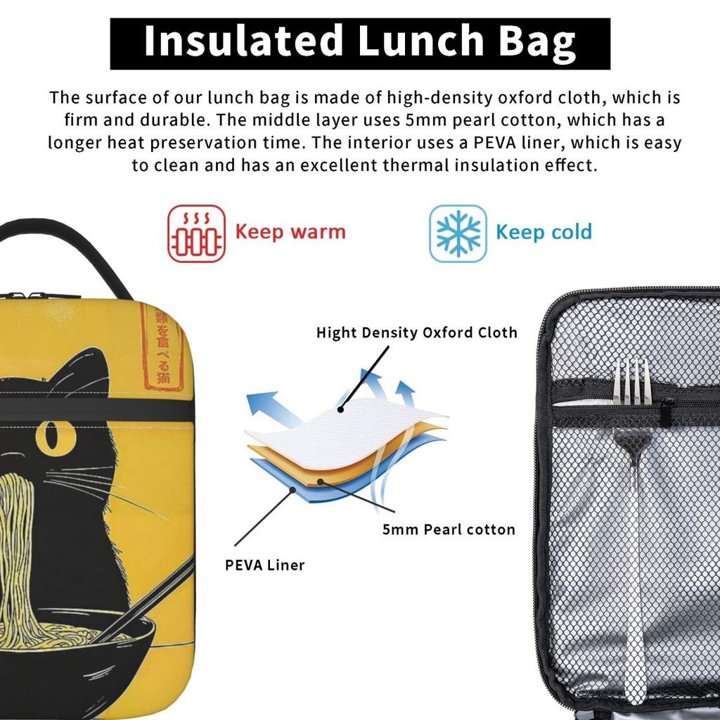 Eine Katze, die Nudeln isst, Isolierte Lunchtasche für Damen, Büro-Kühltasche, Thermische Lebensmittelbox, Tragbare Lunchboxen Behälter