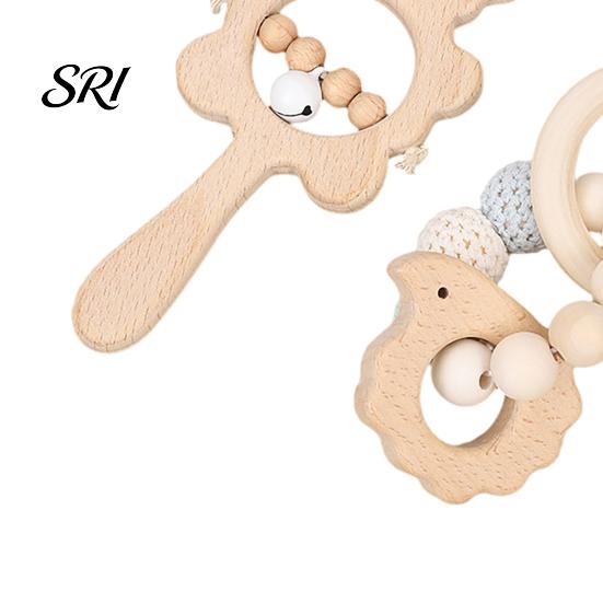 Beech Wood Baby Toy 1 Pair Wooden Rattle with Bell Beads Hedgehog Rabbit Elephant Bird Bead Teething Grip Ring Newborn Boys Girls Early Education