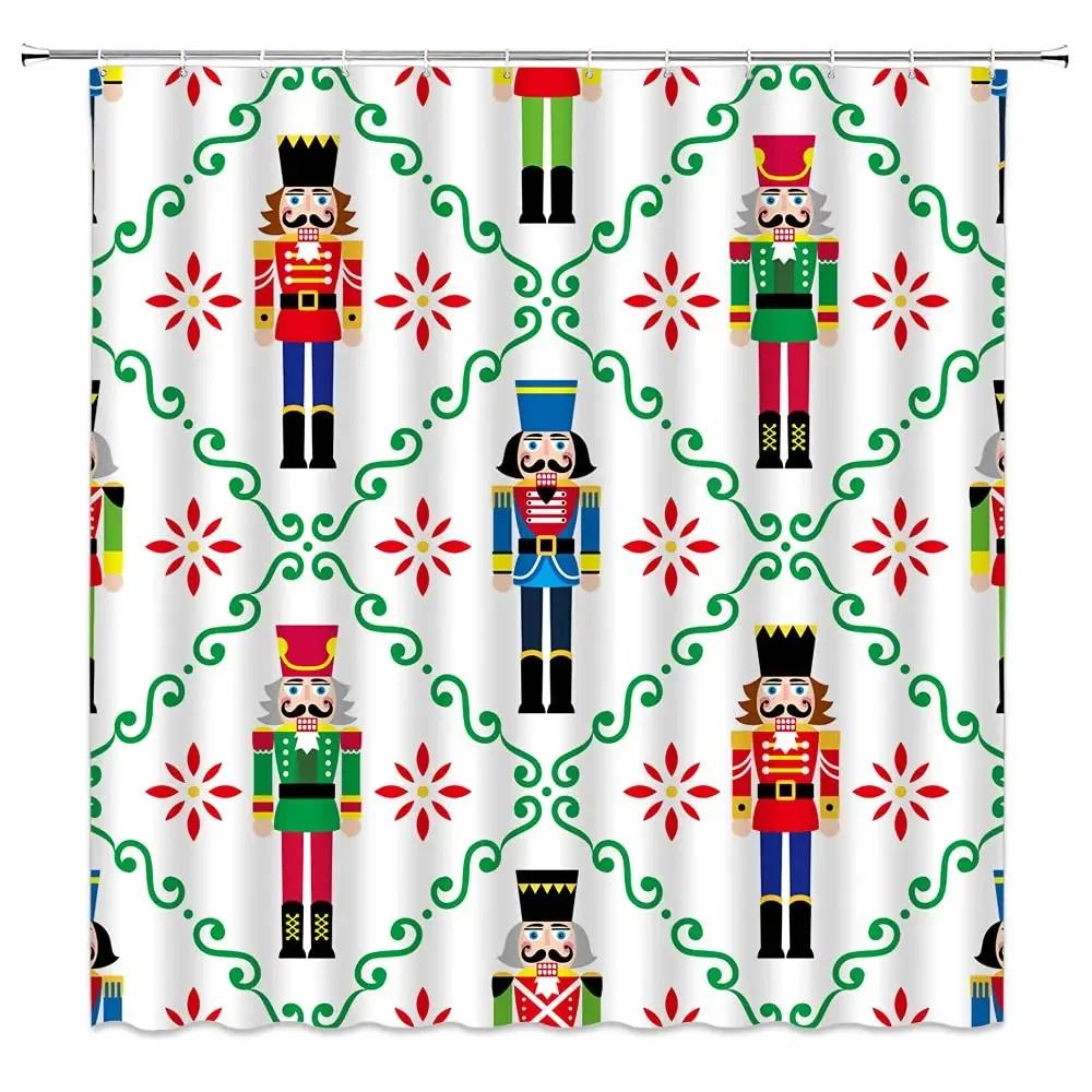 Christmas Nutcracker Shower Curtain, Christmas Tree Snowman Bathroom Curtain Decoration Set With Hook Fabric Christmas Gift
