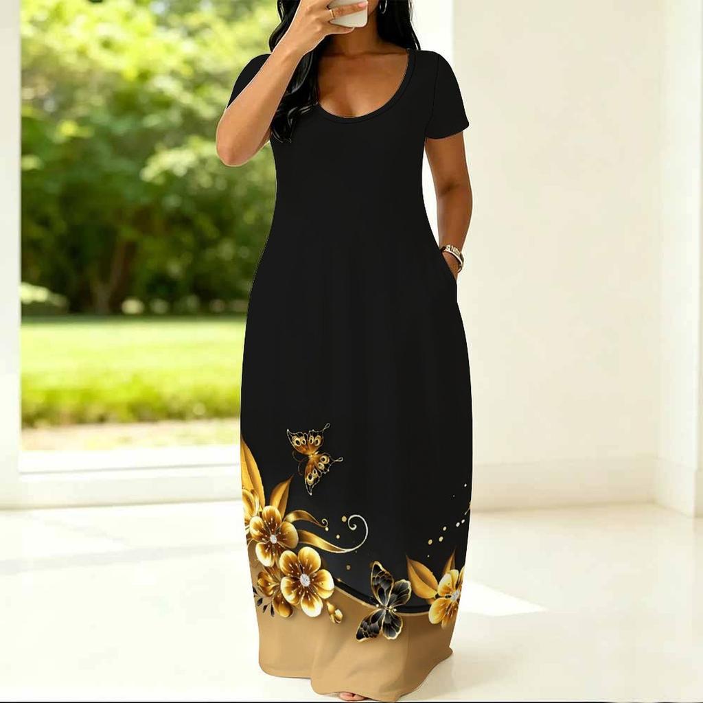 Summer Crew Neck Short Sleeve Loose Dress For Plus Size Women Household Wear