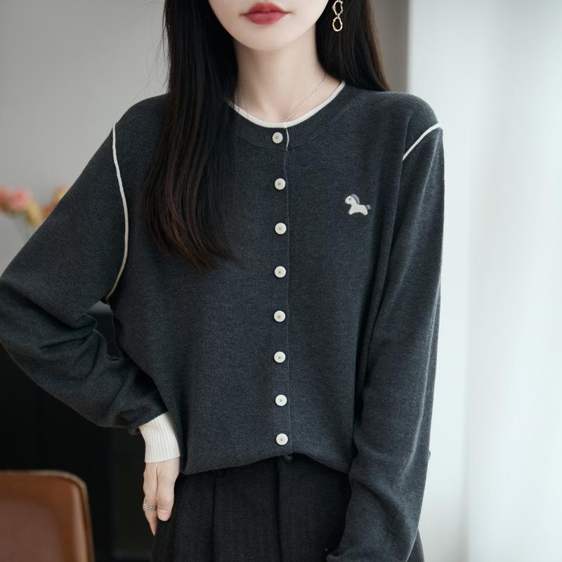 

Spring and Autumn s New Round-neck Knitted Cardigan, Long-sleeved Women s Embroidered Pony, Multicolor Loose Top M темно-серого