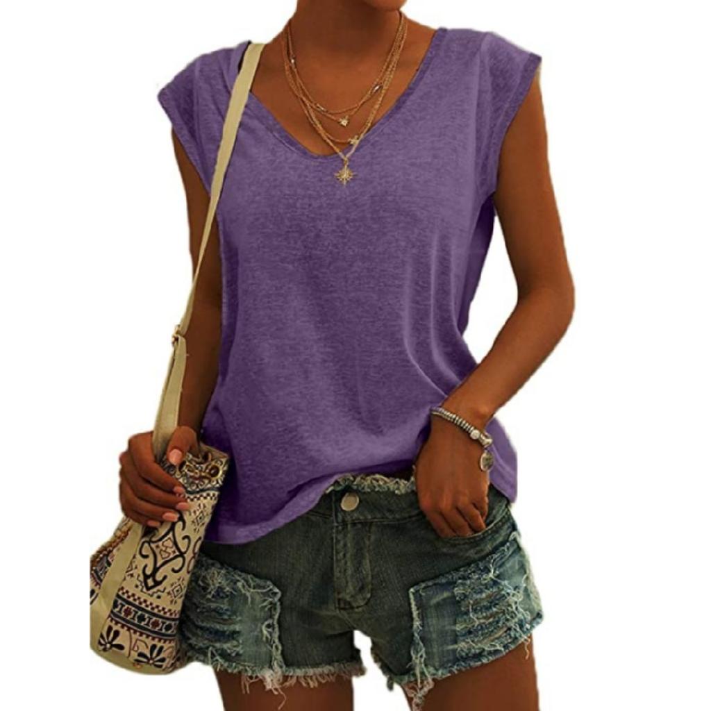 Women's Fashion Solid Color Cap Sleeve V Neck Casual Loose Short Sleeve T-Shirt Top