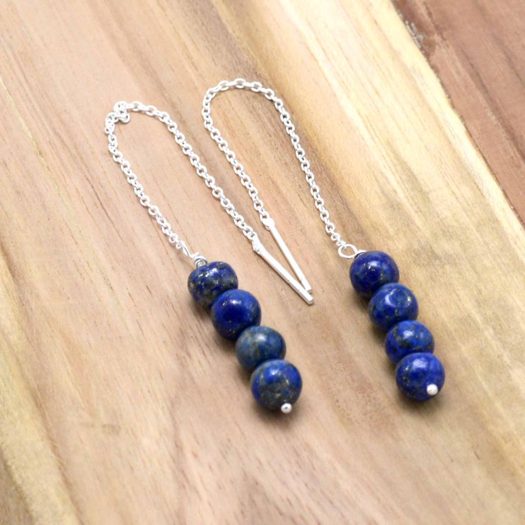Lapis Lazuli 925 Silver Threader Earrings, Gemstone Women Handmade Fringe Earrings