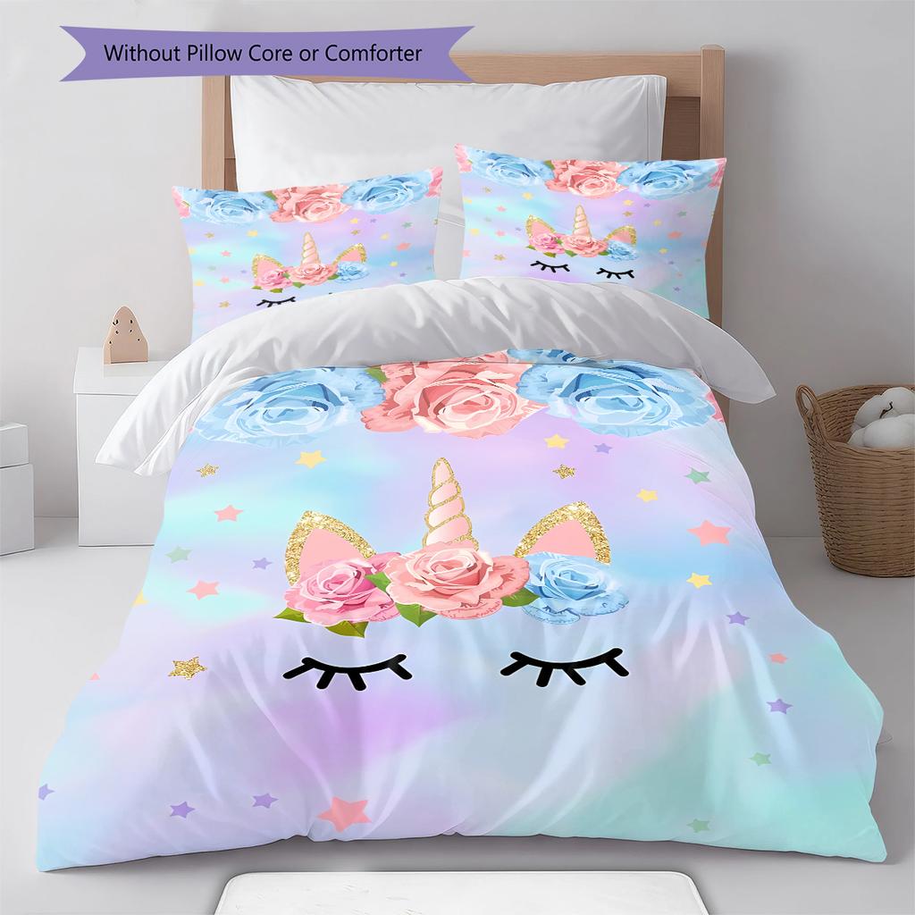 Star Uni-horse Pattern Bedding Quilt Set Quilt Cover Pillowcase Home Decoration Gift (1 * duvet cover + 2 * pillowcase, without core)