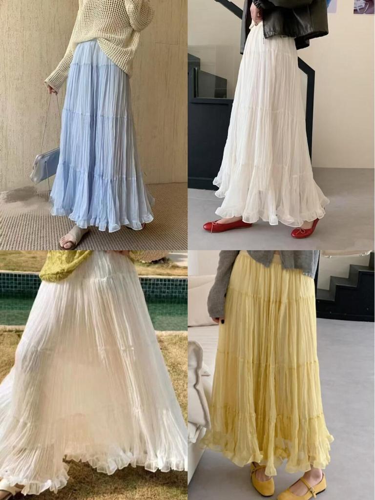 Spring 2026 Women's High-Waisted Ruffled Mesh A-Line Maxi Skirt - Gentle & Slimming